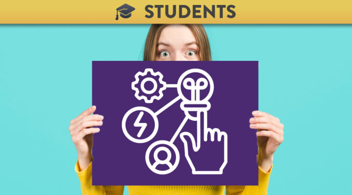 Woman holding up a card with the Jisc icon for Digital Creation