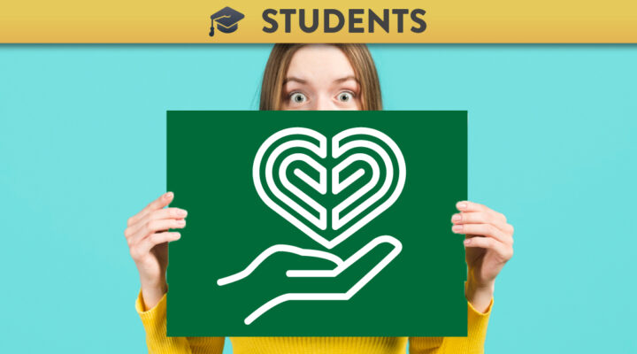 Woman holding up a card with the Jisc icon for Digital Identity and Wellbeing