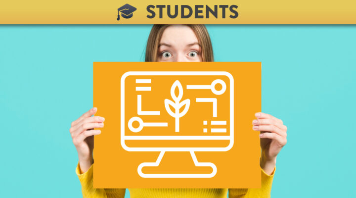 Woman holding up a card with the Jisc icon for Digital Learning and Discovery