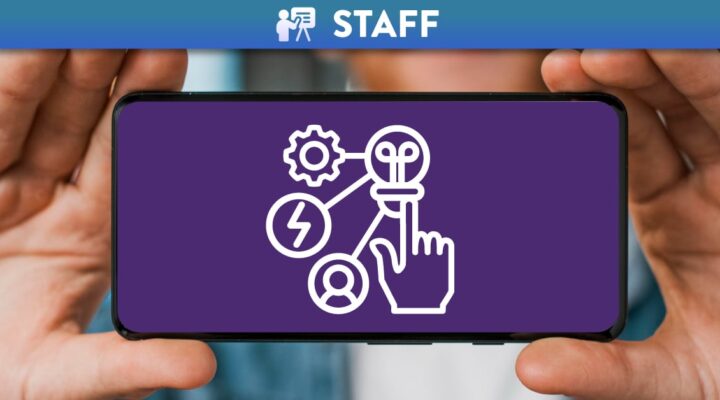 Person holding phone sideways with the Jisc icon for Digital Creation