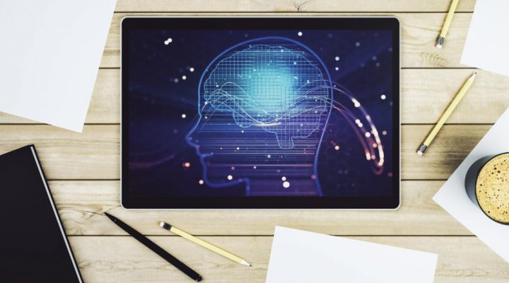 Top view of modern digital tablet monitor with creative artificial Intelligence symbol Neural networks and machine learning concept