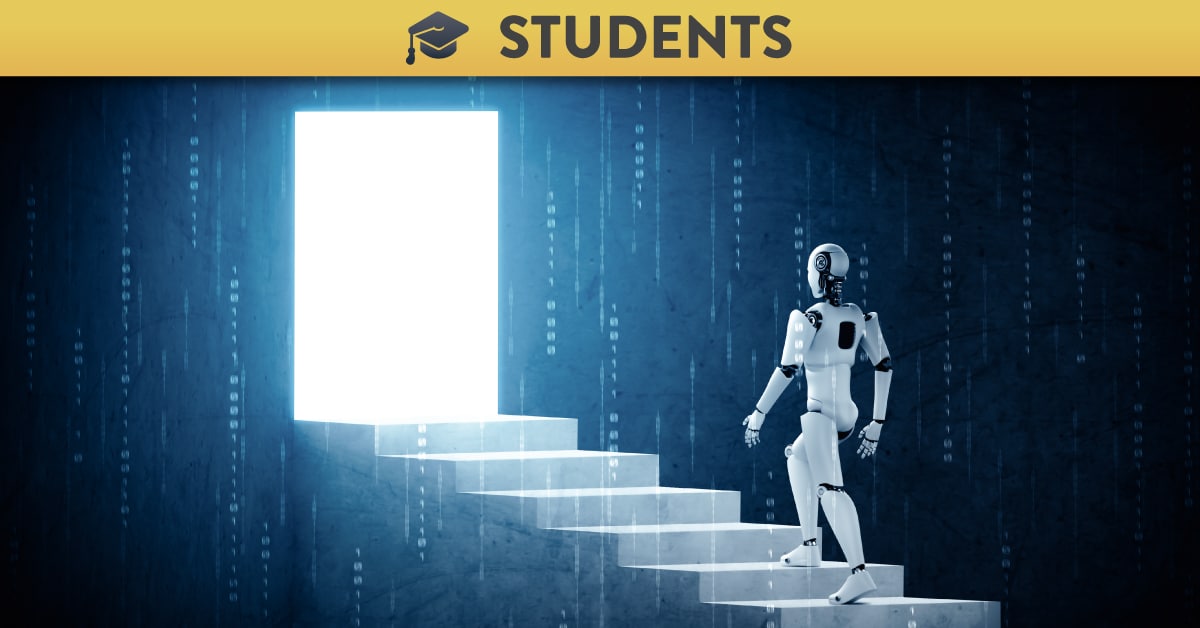 Robot walking up a staircase towards an open door