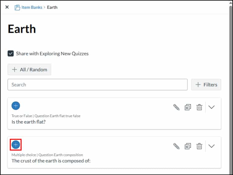 Selecting a question to insert to a quiz