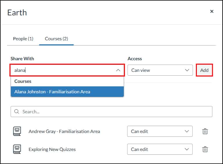 Sharing an item bank with a course