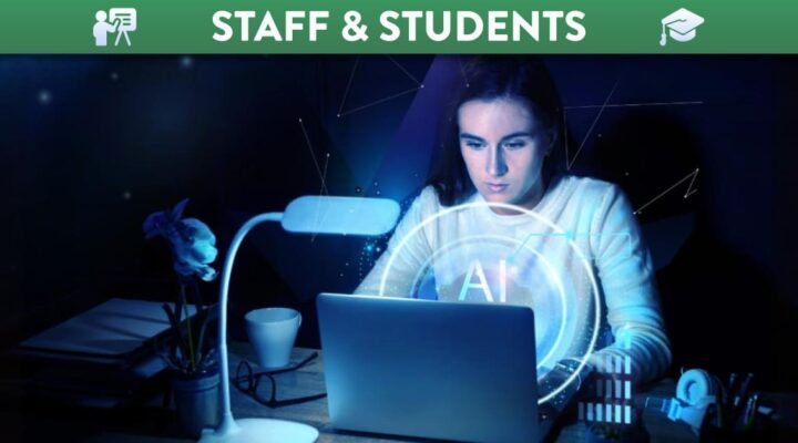 Woman sitting on laptop doing research with AI projection coming from the monitor