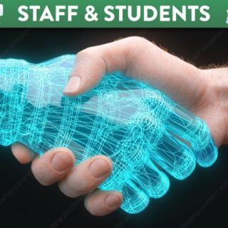 Human hand shaking a digital hand