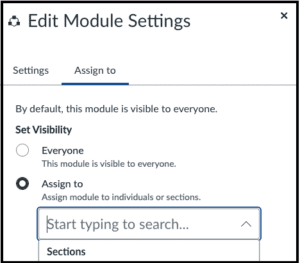 Edit Module Settings showing how to set the visibility of a module for everyone or for specific Sections on your course.