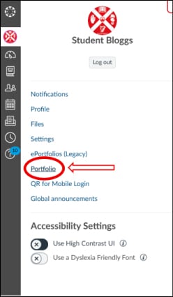 Canvas menu with 'Portfolio' highlighted