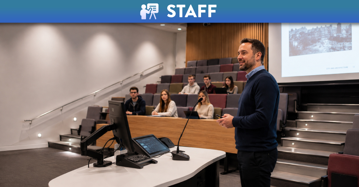 Academic in lecture theatre teaching students