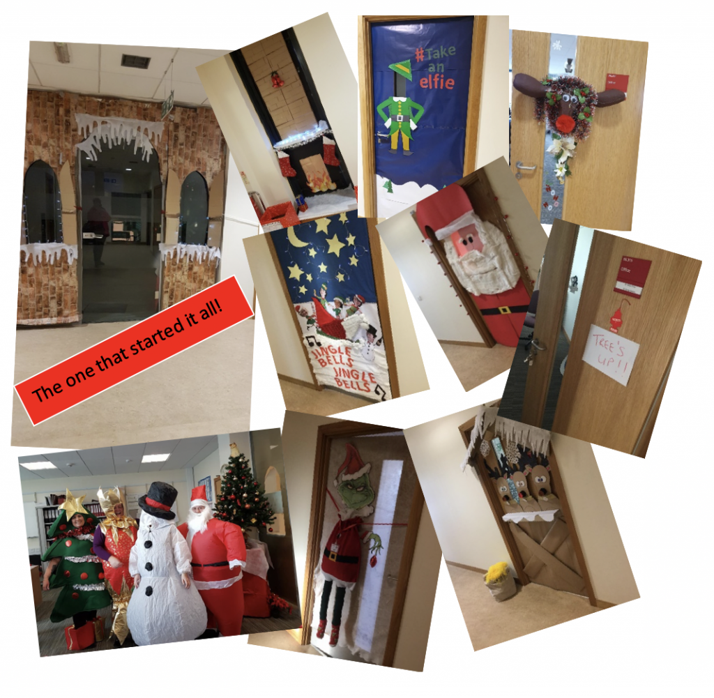 Christmas doors decorated in the SONM QUB