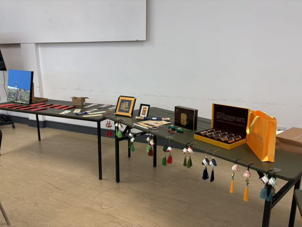 Workshop tables set with decorations.