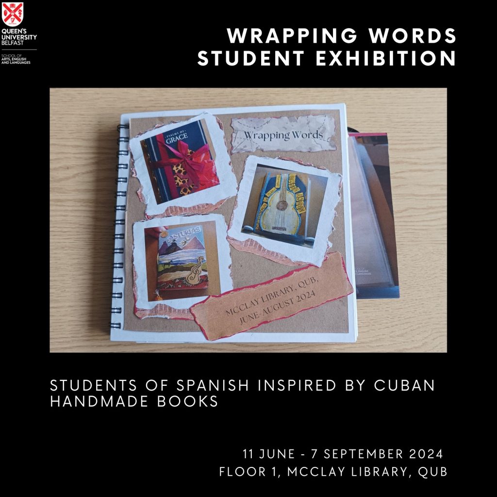 A poster in black with images of three handmade books. Wording describes the Wrapping Books Exhibition. 