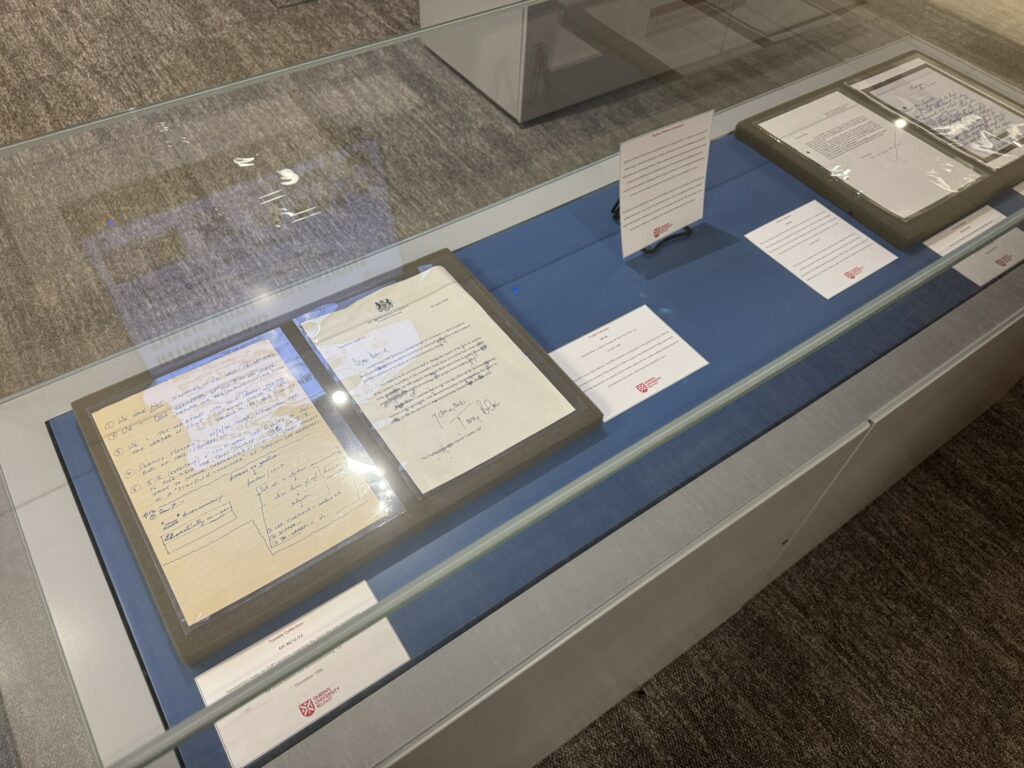 Display case featuring items from the Trimble Collection Boxes 1-12.