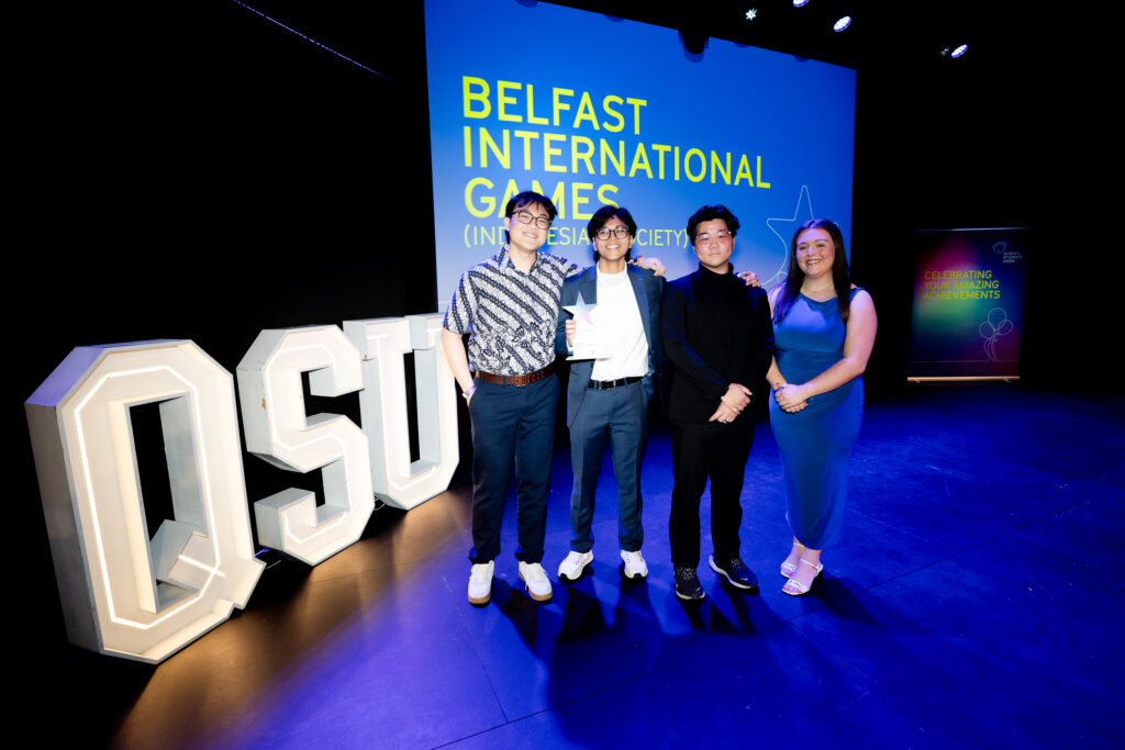 Indonesian Society on stage winning their award for their Belfast International Games 