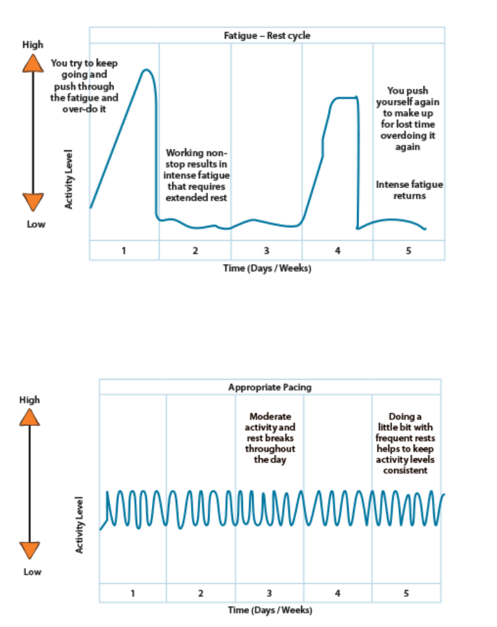 Graphs showing fatigue-rest cycle vs appropriate pacing