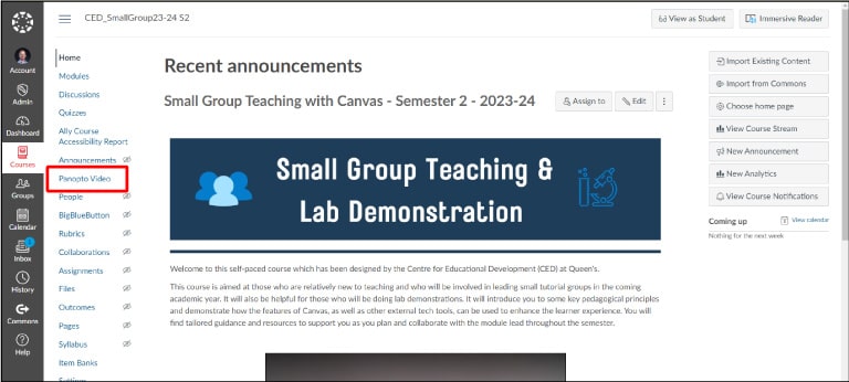 Click on ‘Panopto Video’ in the course navigation menu