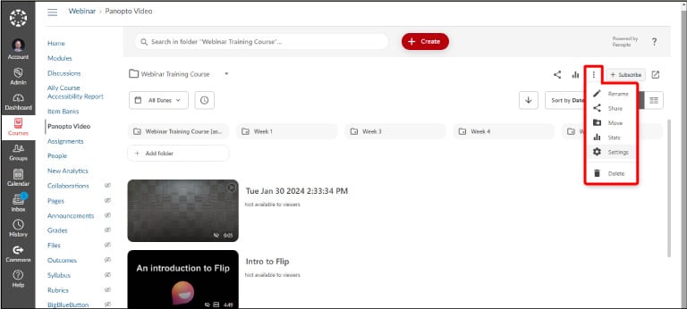 Go to your Panopto folder settings by clicking on the ellipsis on the top righthand corner and then on ‘Settings’ 