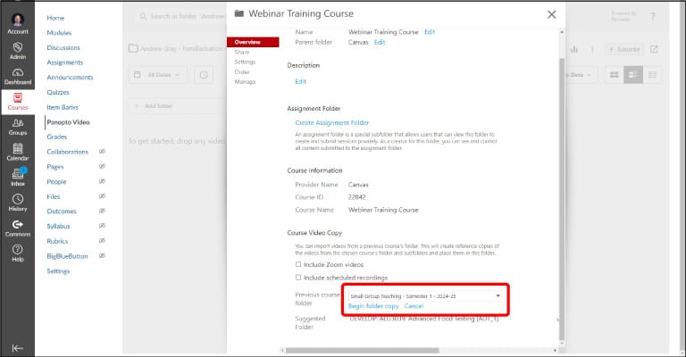 Select the Canvas course to which you’d like to copy the videos from the list or type the name of the course to find it. Then click on ‘Begin folder copy’ 